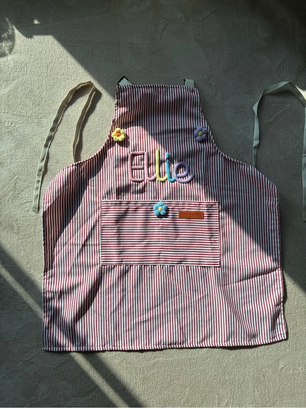Striped Red Adult Apron with Floral Accents - Personalized Ellie